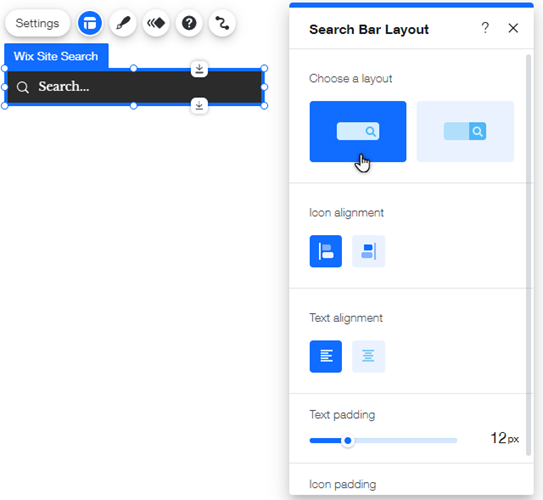 A screenshot of the Search Bar Layout panel settings in the Wix Editor.