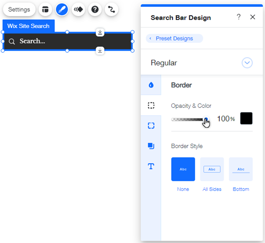 A screenshot of the Wix Site Search bar design panel in the Wix Editor.