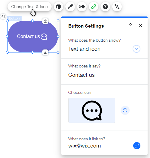 The button settings panel. It has been set to show both a text and an icon. The button text is