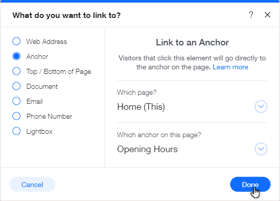 Screenshot showing a cursor selecting an anchor to add from the panel.