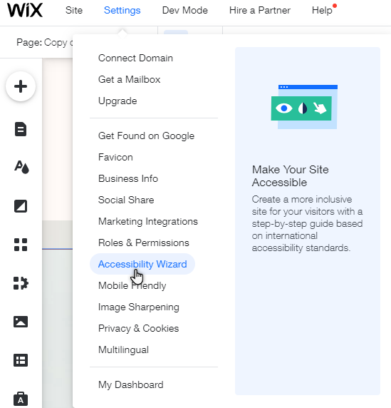 The Settings panel on the top of the Editor. The cursor is hovering over the Accessibility Wizard option