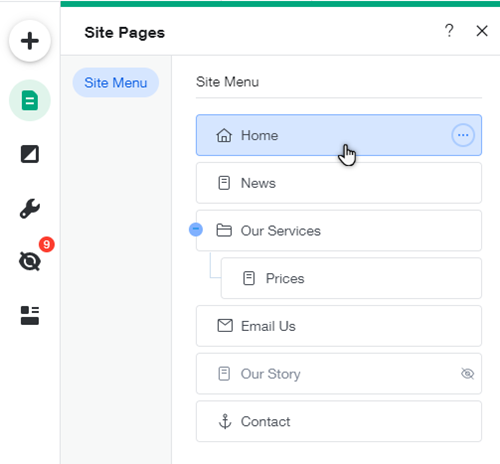 The menus and pages panel in the Wix Editor. The cursor is hovering over the site homepage.