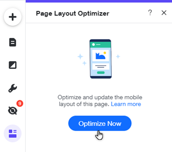 The Page Layout Optimizer in the mobile Editor. The cursor is hovering over the Optimize Now button.