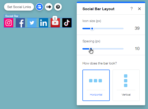 A screenshot showing the social bar layout panel. The cursor is hovering over the spacing setting.