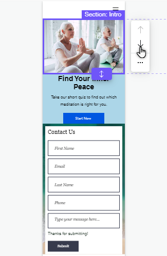 A section is selected in the mobile Editor. The cursor is hovering over the option to move it down.