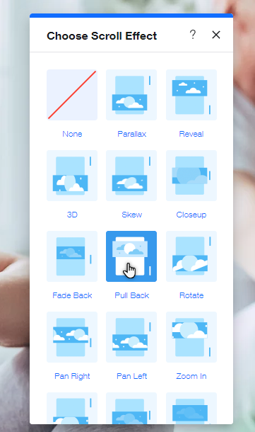 The 'Choose Scroll Effect' panel in the Editor. The cursor is hovering over the 'Pull Back' effect.