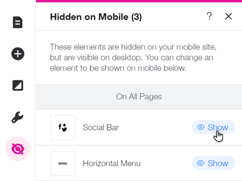 The 'Hidden on Mobile' panel in the mobile Editor.