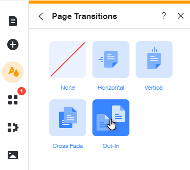 El panel Diseño del sitio. Se ha hecho clic en la pestaña Transiciones de página. El cursor pasa por encima de la opción de transición Adentro.