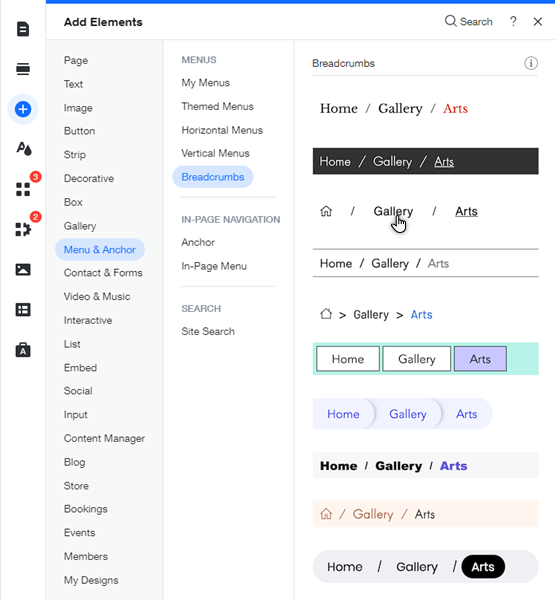 Il pannello Aggiungi nell'Editor. La sezione Menu e ancora è aperta. Il mouse sta passando su un preset di Breadcrumb.