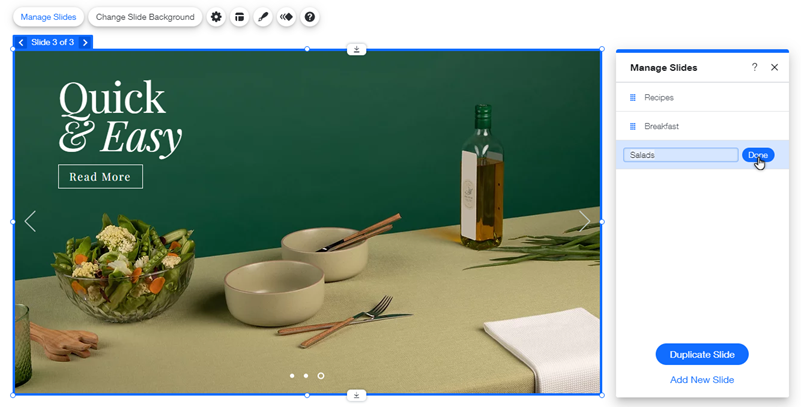 The Manage Slides panel. The name of one of the slides is being changed to 'Salads'.