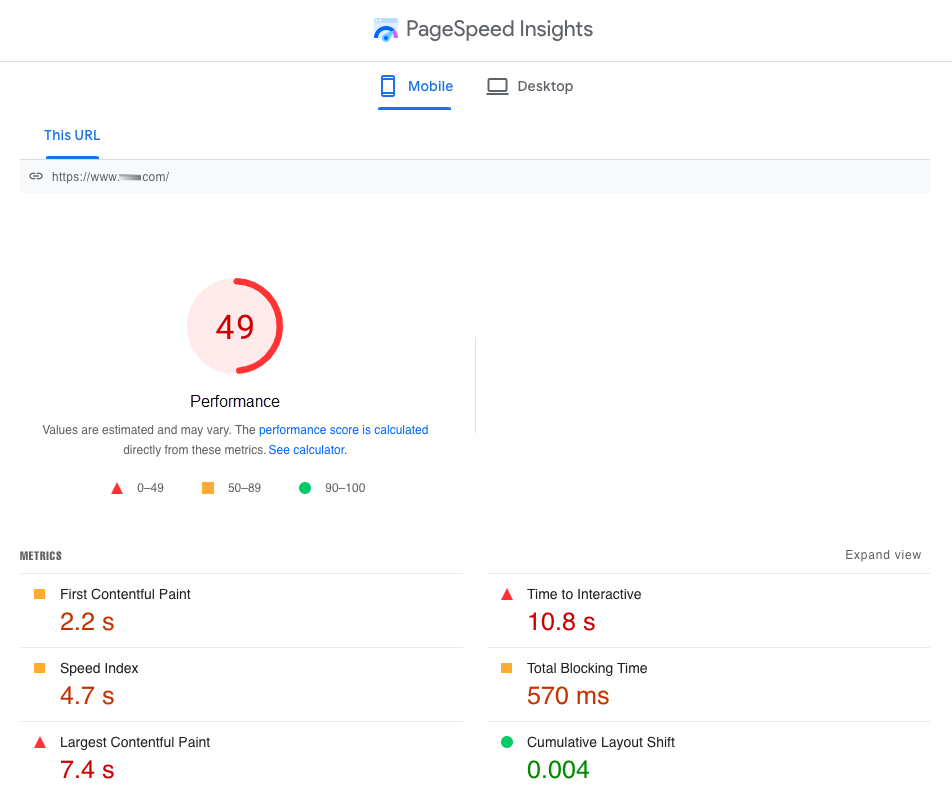 URL のモバイルスコアが 49 であることを示す Page Speed Insights のスクリーンショット。