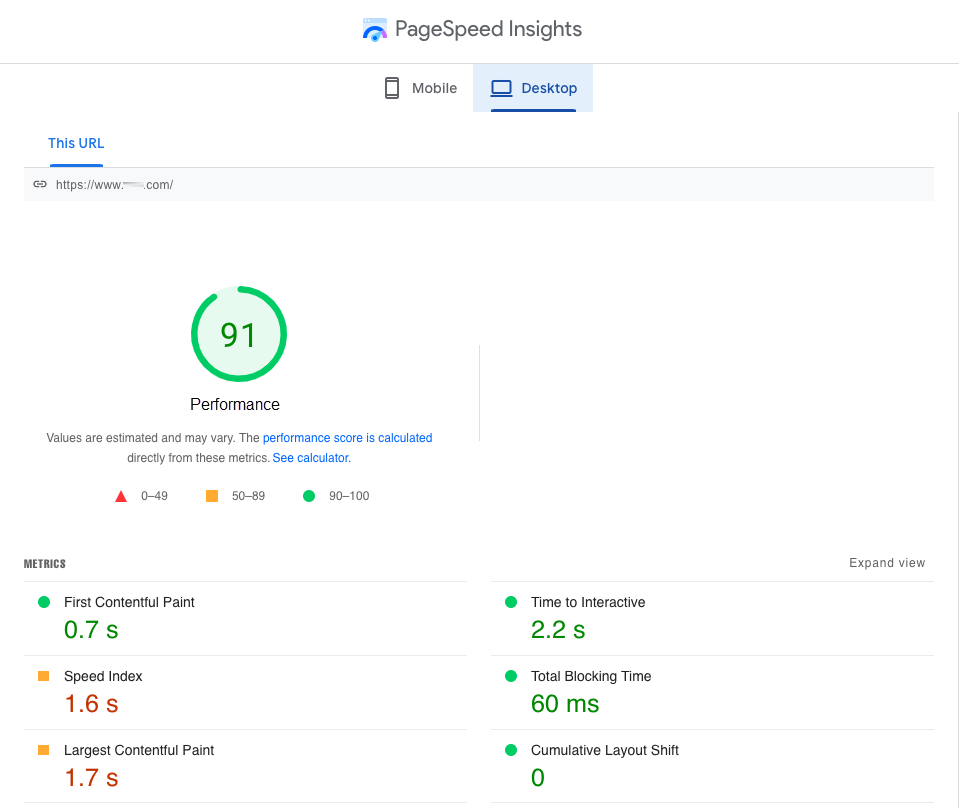 Скриншот Page Speed Insights показывает рейтинг URL как 91.