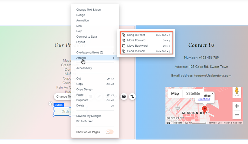 Capture d'écran du menu contextuel dans l'Éditeur Wix. Vous avez cliqué sur l'onglet Organiser et il affiche les options.