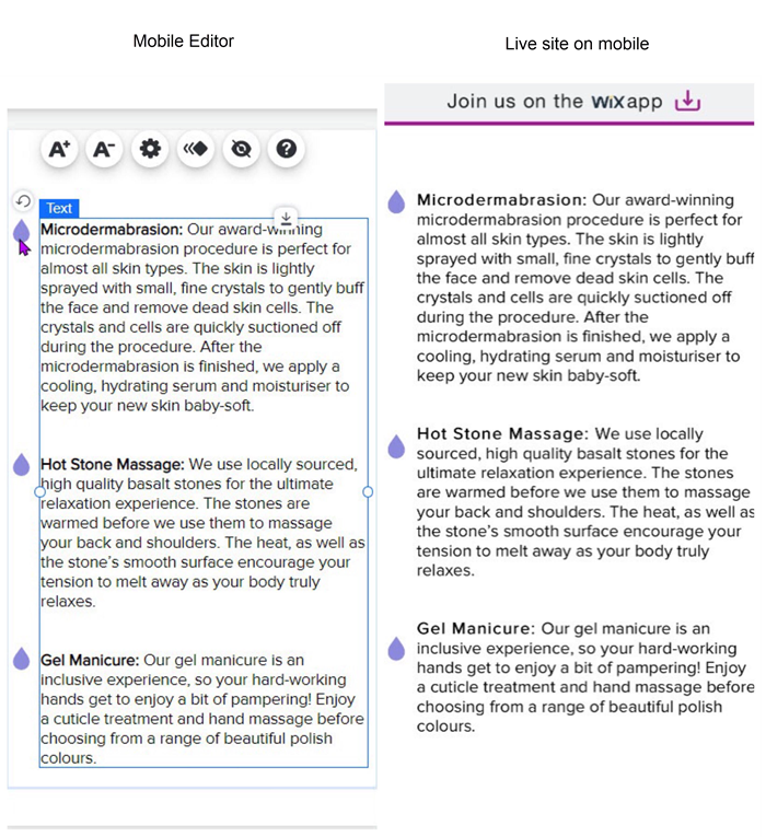 La misma página en el Editor móvil y en el sitio online. El texto y el arte vectorial están desalineados en el sitio online.