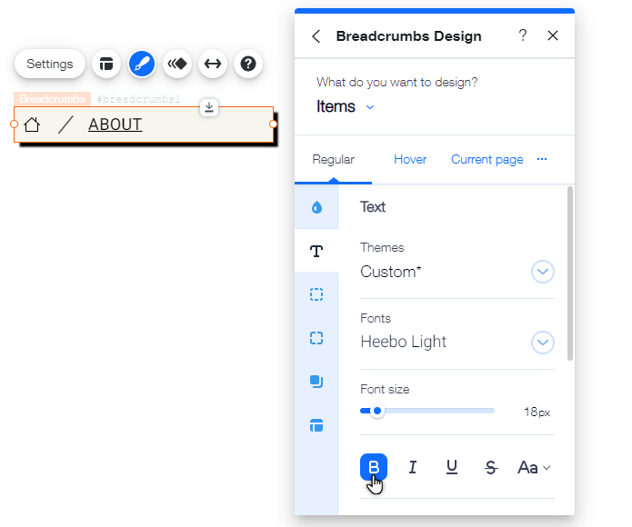 Das Breadcrumb-Design-Panel. Die Optionen für Elemente ist geöffnet.