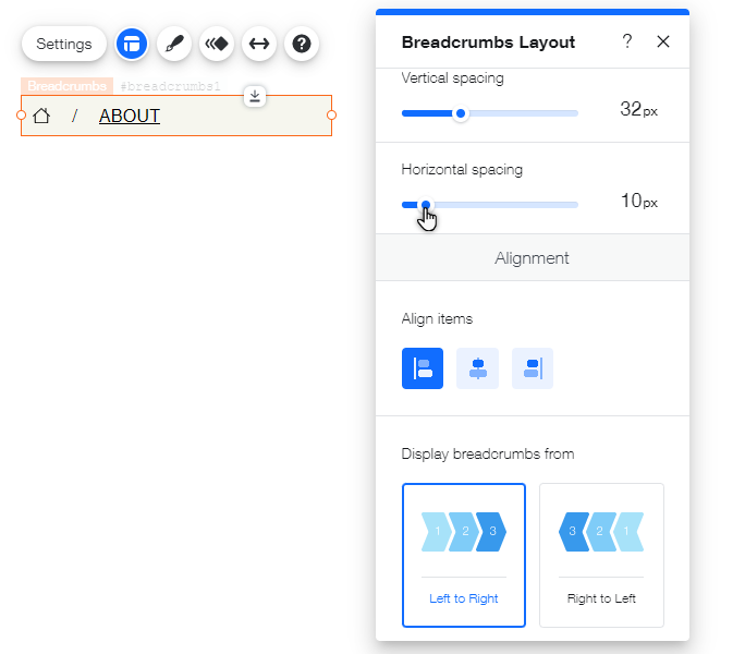 Breadcrumbs trail layout panel. The cursor is hovering over a spacing slider.