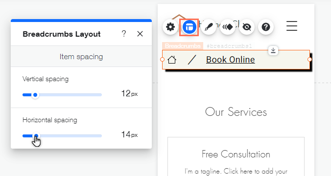 The layout panel for breadcrumbs in the mobile Editor. The cursor is hovering over horizontal spacing.