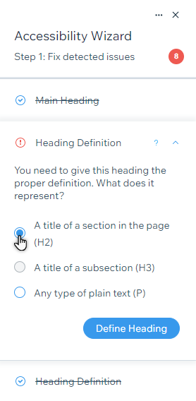 Step 1 del Wizard accessibilità. Il cursore si trova su una delle opzioni nella procedura del Wizard accessibilità per definire un'intestazione