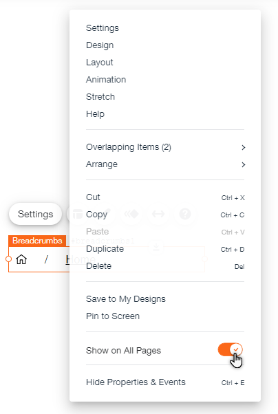 תפריט הקליק הימני לנתיב הברדקראמבס. מתג ההפעלה 'Show on All Pages' (הצגה בכל העמודים) הופעל.