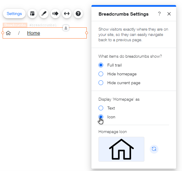 Breadcrumbs settings panel. The cursor is clicking over the option to display the homepage as an icon.