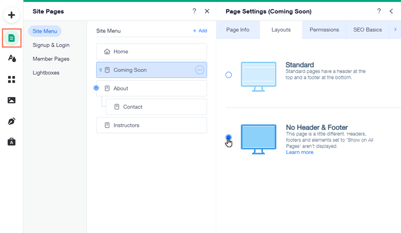 Page settings in the Wix Editor. The No Header & Footer option has been selected.