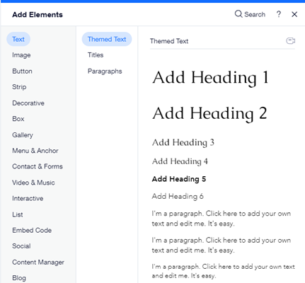 The Add elements panel in the Editor. The text tab is open.