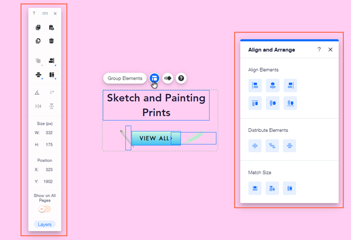 O Editor Wix. O painel Layout está aberto à direita e a barra de ferramentas está à esquerda. Ambos estão destacados.