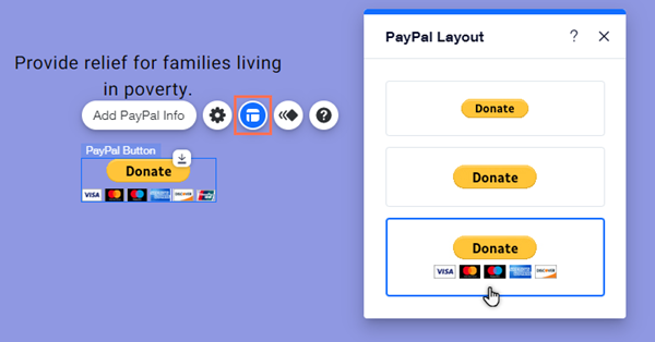 Het PayPal-knoppen indelingspaneel is geopend in de Editor. De cursor wijst de laatste voorinstelling aan.