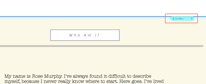 An anchor in the Editor. The anchor is highlighted and is named 'My story'. It's hovering over a section called 'Who Am I?'