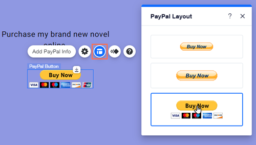 The PayPal button layout panel is open in the Editor. The cursor is hovering over the last preset.