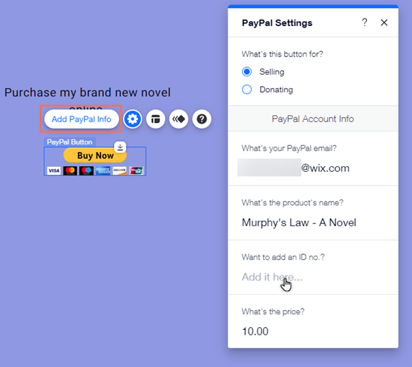 The PayPal button settings panel in the editor. The cursor is hovering over the option to add an ID number.