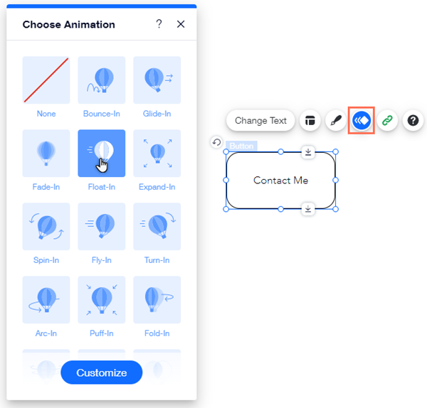 De Wix Editor. Het Animatie-pictogram is aangeklikt en gemarkeerd. De cursor zweeft over een animatie-effect.