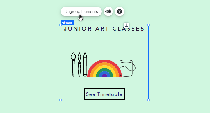 An element group in the Wix Editor. It's been clicked, and the cursor is hovering over the Ungroup Elements button.