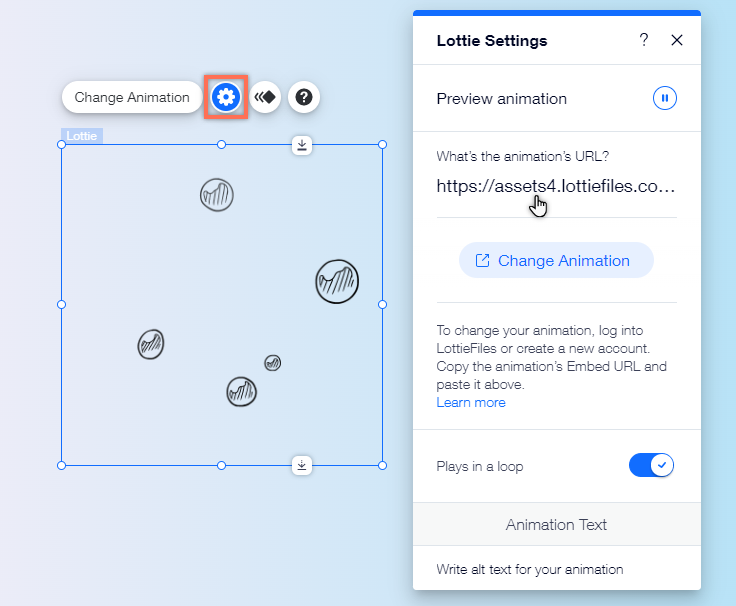 Het Instellingen-paneel voor Lottie-animaties in de Editor. De muis wijst het URL-veld aan.