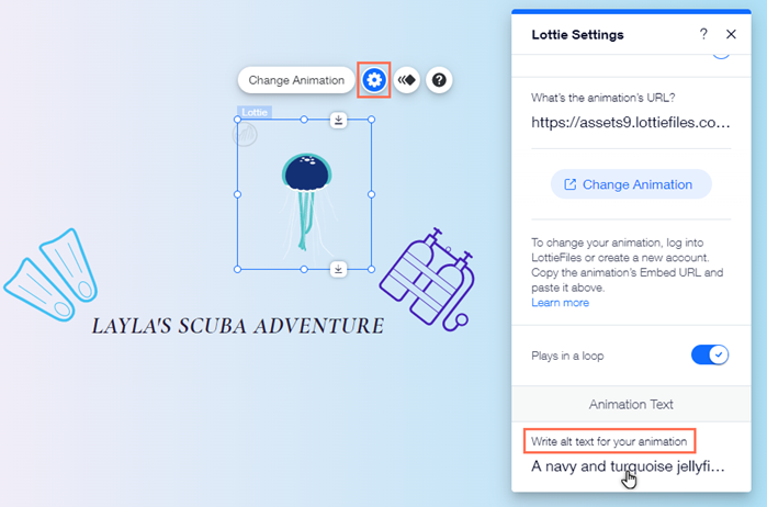 The lottie settings panel. The cursor is hovering over the alt text field.
