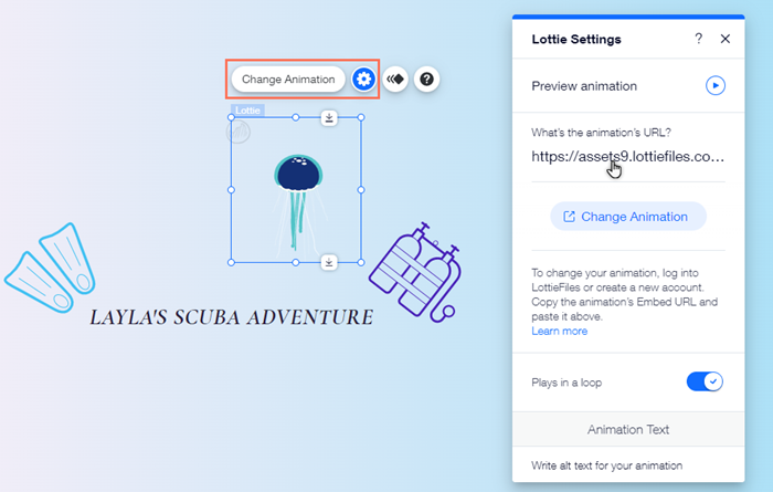 Il pannello Lottie settings Il cursore si trova sul campo dell'URL.