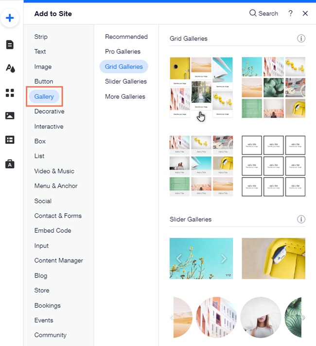 The add panel in the Editor. The Gallery tab has been highlighted, and the cursor is hovering over a grid gallery type.