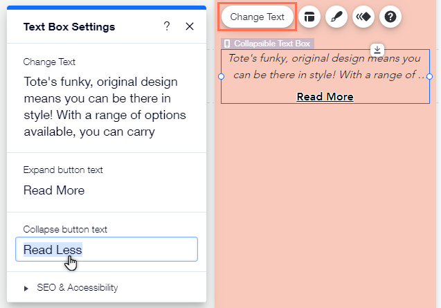 The text box settings panel. The cursor is hovering over the option to edit the text displayed on the collapse button.