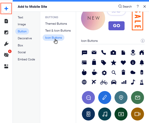 Het Toevoegen-paneel in de mobiele Editor. Het Toevoegen-pictogram is gemarkeerd en de cursor wijst 'Pictogramknoppen' aan.