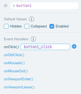 The properties and events button in Dev mode for a button element.