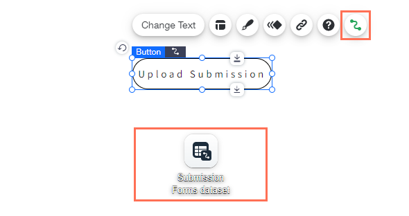 Un bouton dans l'Éditeur qui a été connecté à un ensemble de données de formulaires de soumission.