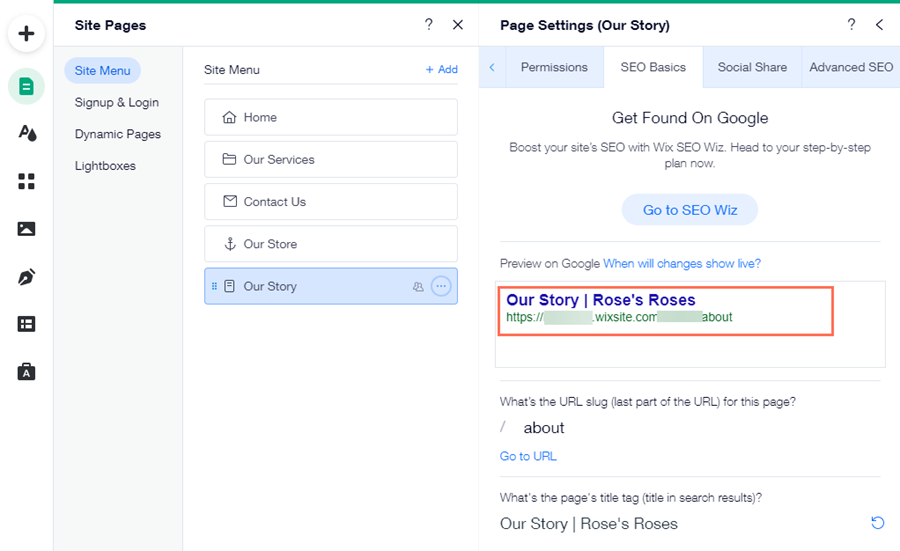 The SEO basics panel of a page in the Editor.