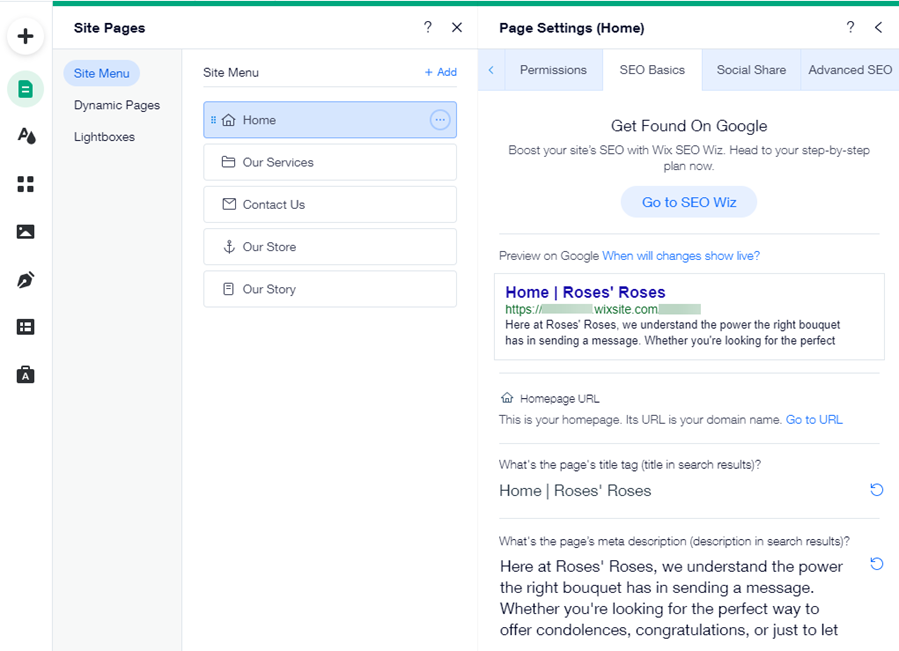 The SEO basics tab on a Wix site home page. A description and title have been added.