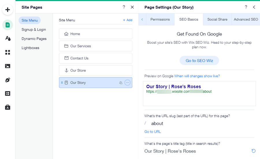 The page settings of a page in the Editor. The SEO Basics tab has been opened.