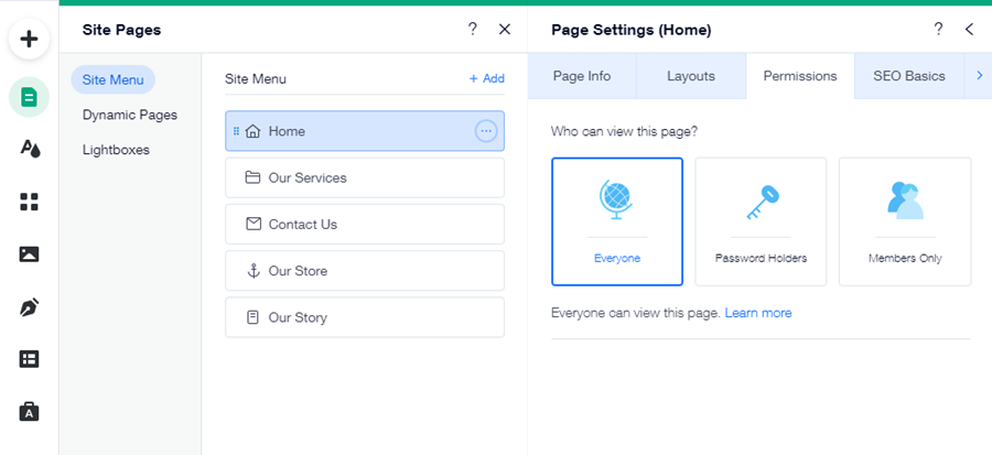 The Permissions panel for a Wix site home page. The page is visible to all visitors.