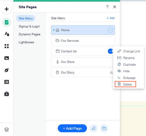 Le panneau Plus d'actions pour une page dans l'Éditeur. L'option Supprimer est mise en surbrillance.