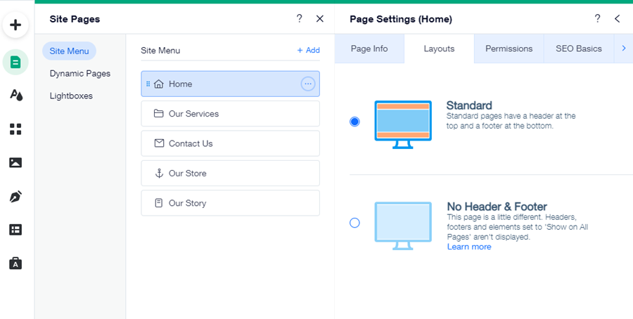 The Layout panel for a Wix site home page. The standard layout has been selected.