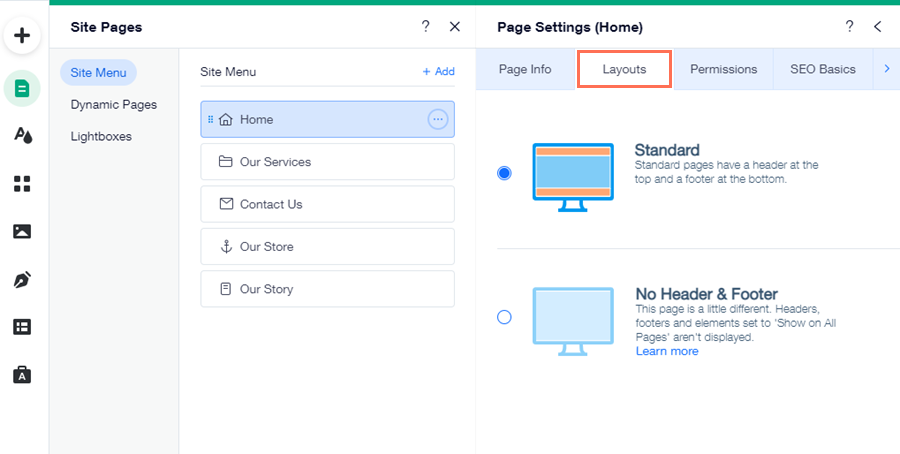 The layout panel of a page in the wix editor. The top tab has been highlighted.