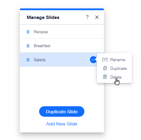 The Manage Slides panel. The cursor is hovering over the option to delete the slide titled 'Salads'.