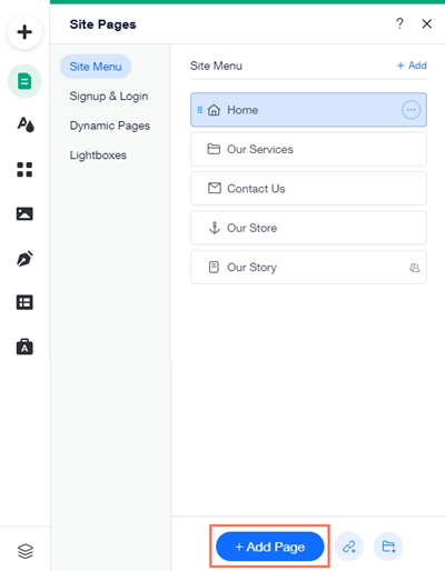 The 'Menus' & Pages' panel in the Wix Editor. The 'Add Page' button is highlighted.